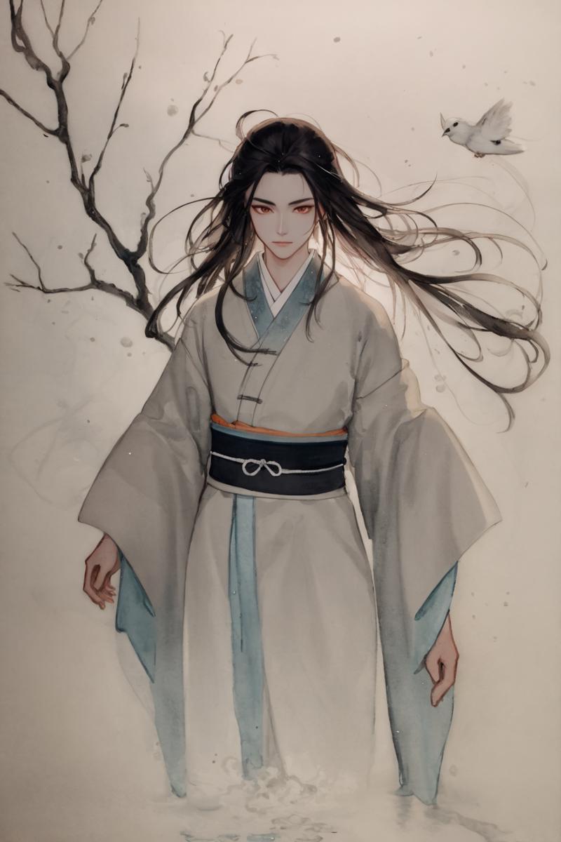 21391-1907222164-melting, abstract, [1boy who has white hair, short hair with long locks,small breast ,messy hair, red eyes,long sleeves ,Taoist.png